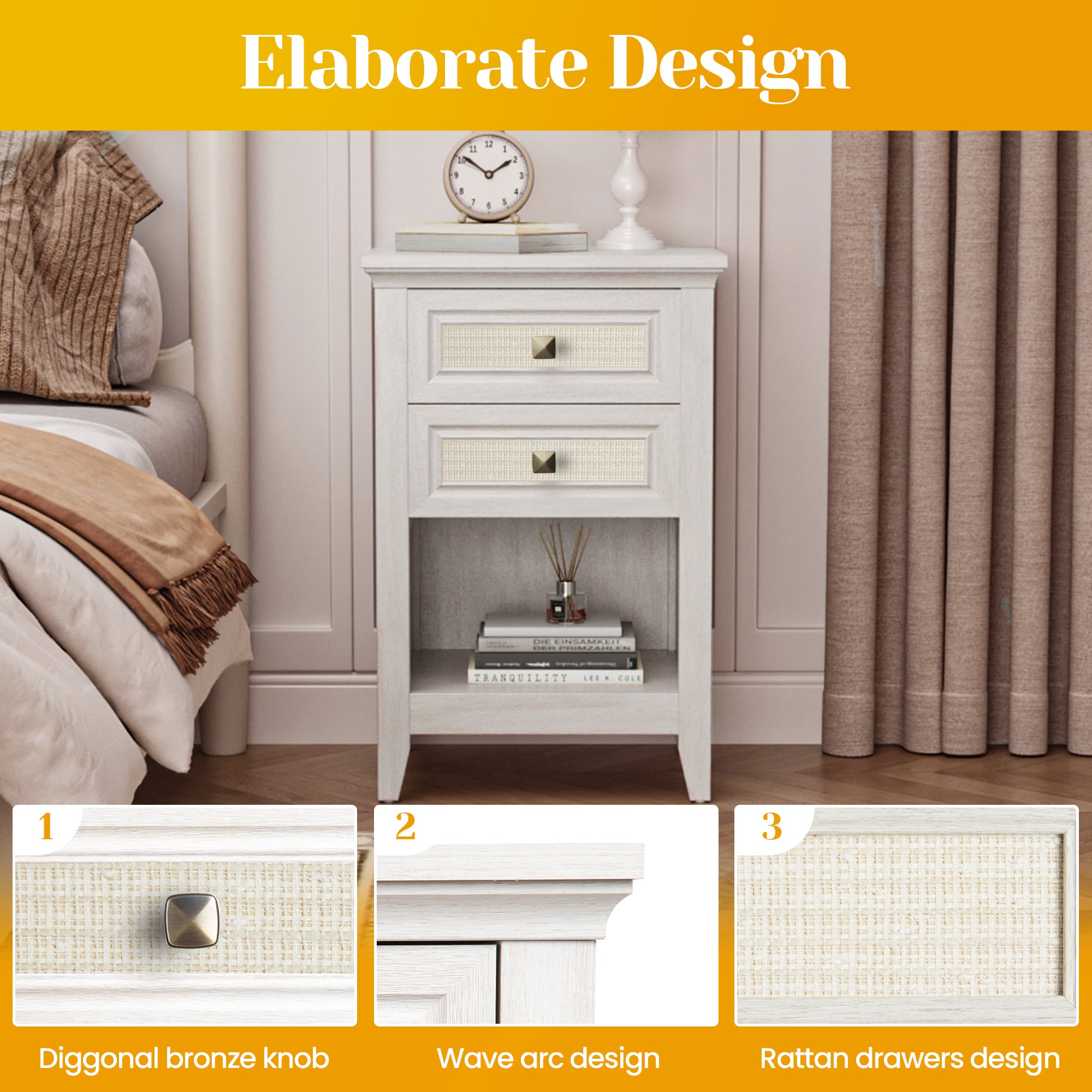 Grayish White Rattan Nightstand With Drawer Set Of 2, Boho 27" Tall Bedside Table With Storage For Small Space, Living Room Wood Accent End Table Bedroom Furniture, Couch Coffee Table_voghion.com